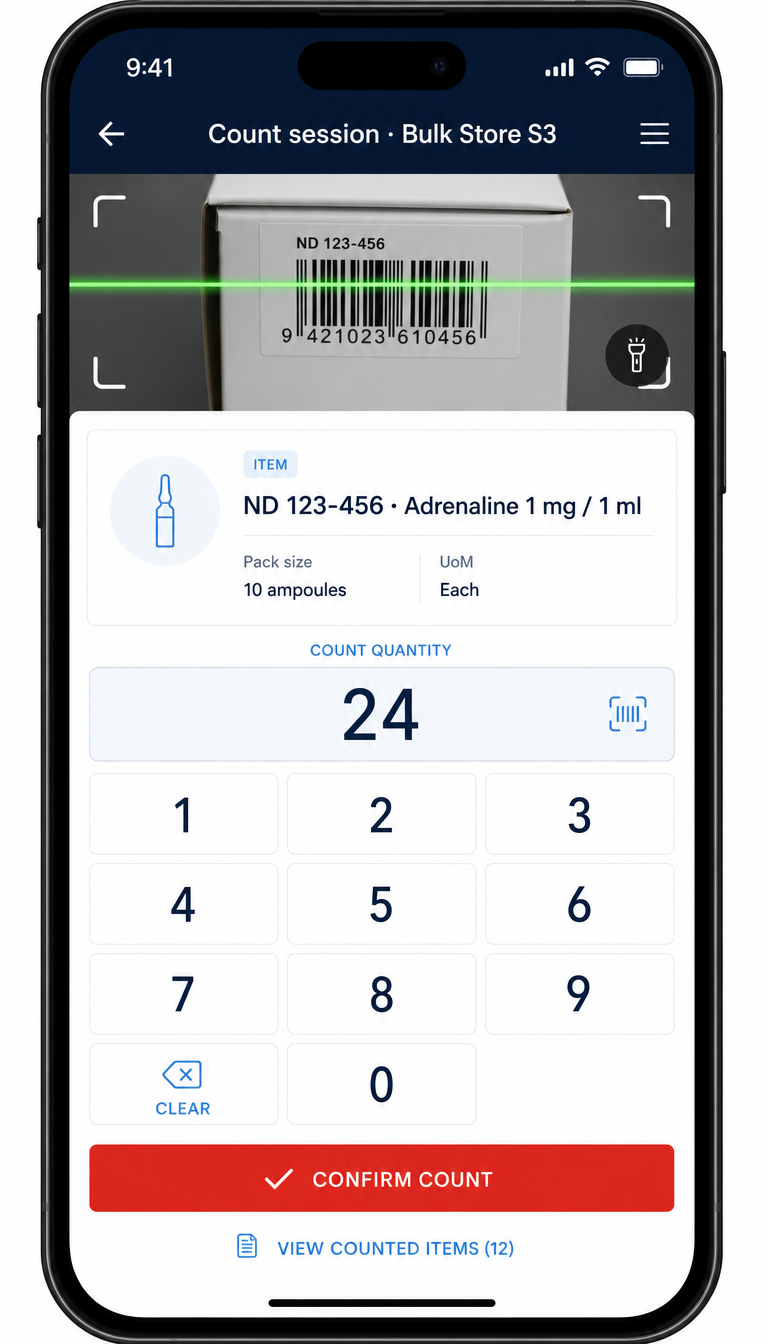 MedStock Inventory mobile count screen: camera scanning a barcode with a numeric keypad and confirm button