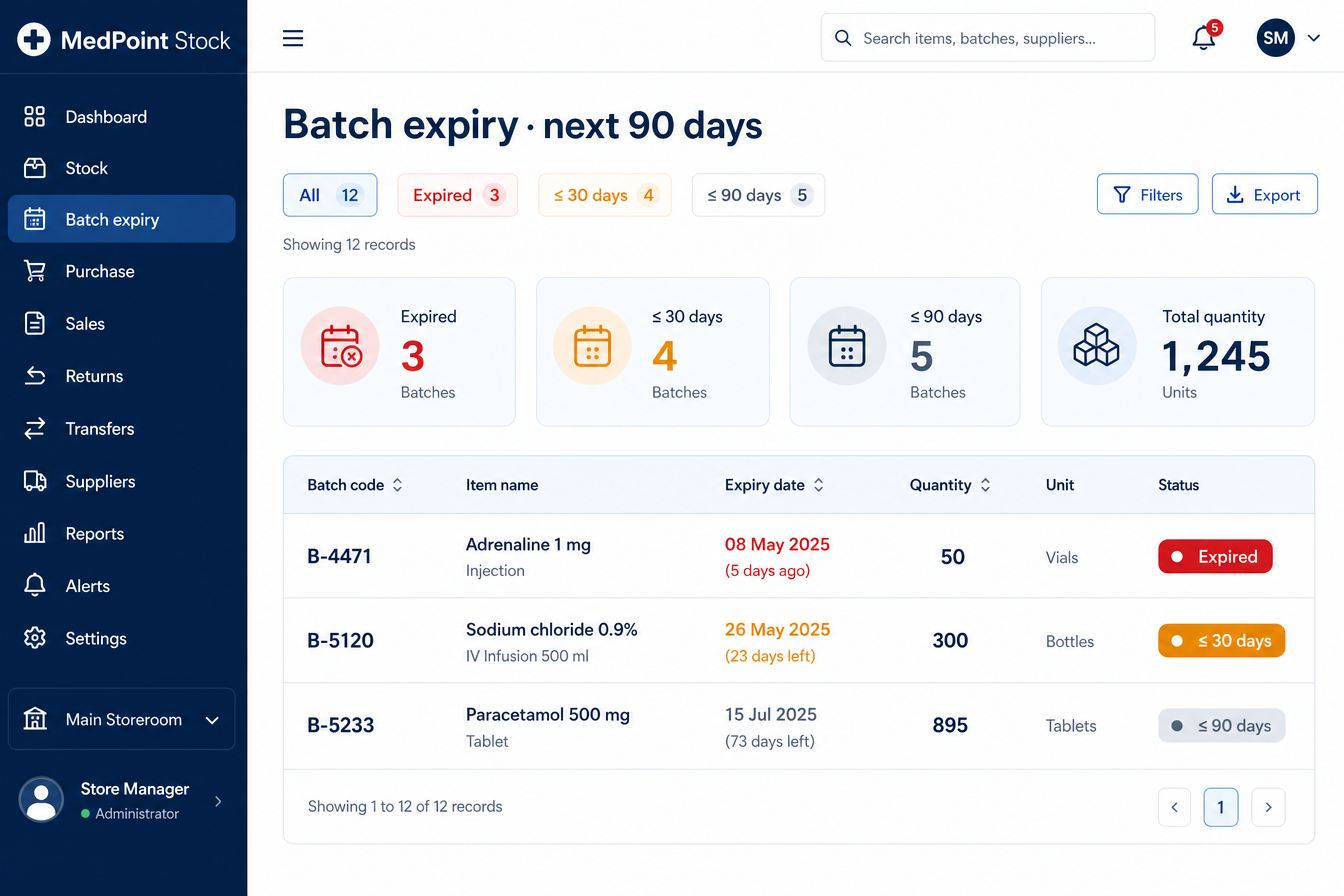 MedStock Inventory batch expiry dashboard: batches grouped by expired, 30-day and 90-day windows