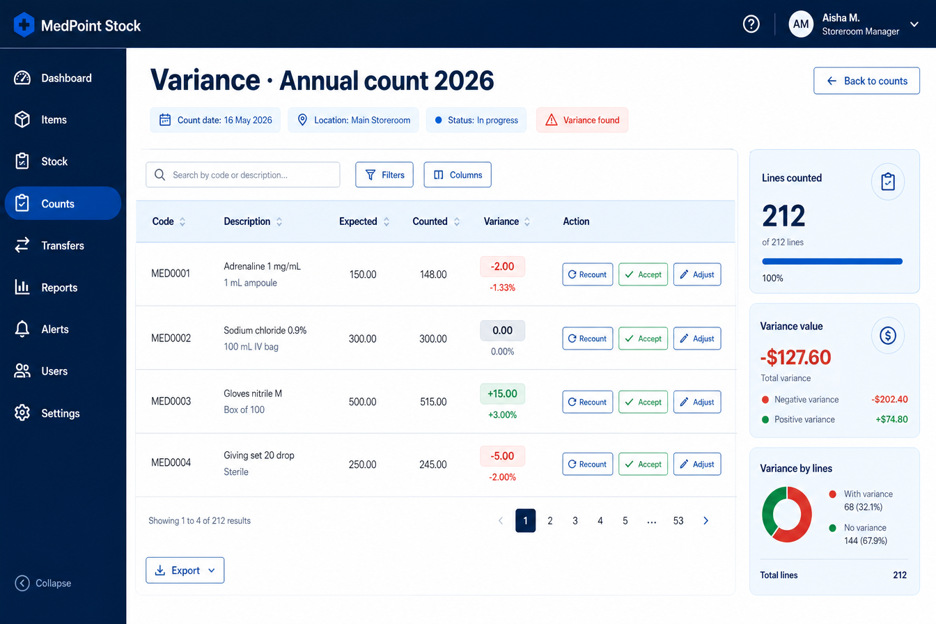 MedStock Inventory variance report: expected versus counted quantities with recount, accept and adjust actions